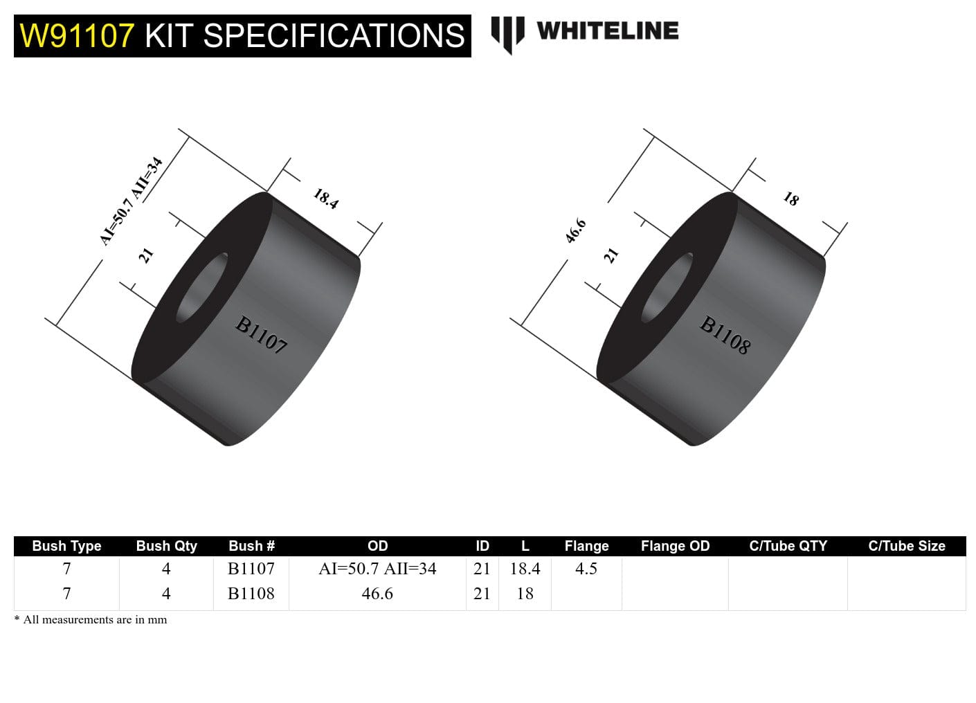 Whiteline 10 x 16 x 26 cm Front Subframe - Bushing Kit to Suit Holden HQ-WB and Torana LH-LX SR