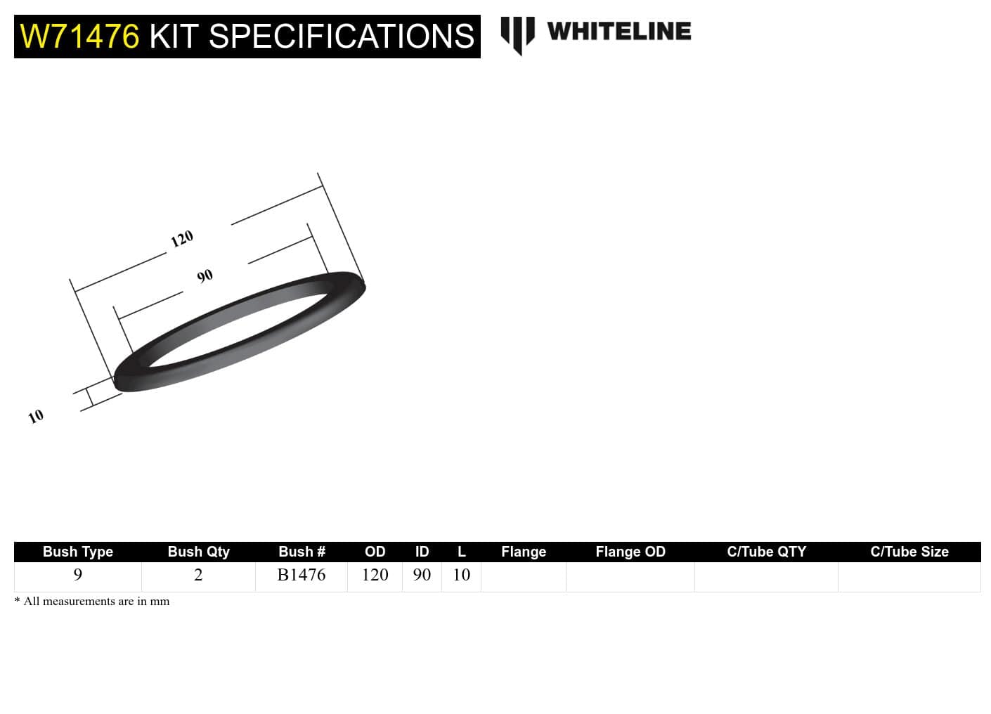 Whiteline 10 x 16 x 26 cm / OD=120, ID=90, H=10mm Front Coil Spring Pad - Bushing Kit 10mm Ride Height to Suit Ford Falcon/Fairlane XK-XP, Mustang Classic and Holden HQ-WB SR