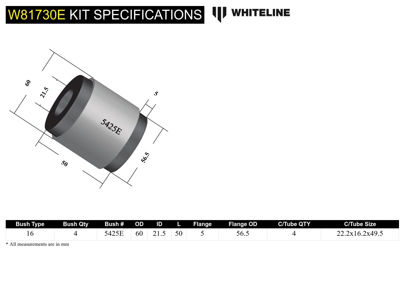 Whiteline 10 x 16 x 26 cm / Performance Alignment - 2.5deg caster correction - non voided design economy option Front Leading Arm - To Differential Bushing Kit Offset to Sut Nissan Patrol GQ, GU and Toyota Land Cruiser 80, 105 Series SR