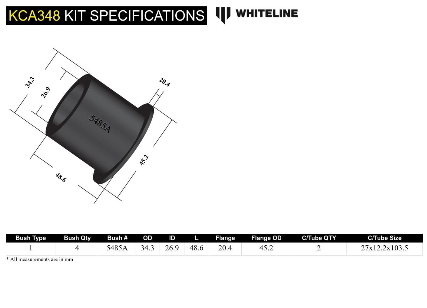 Whiteline 10 x 16 x 26 cm / Performance Alignment - adds +/- 0.5deg camber Front Control Arm Upper - Outer Bushing Kit Double Offset to Suit Nissan Skyline R33, R34 Rwd/Awd SR
