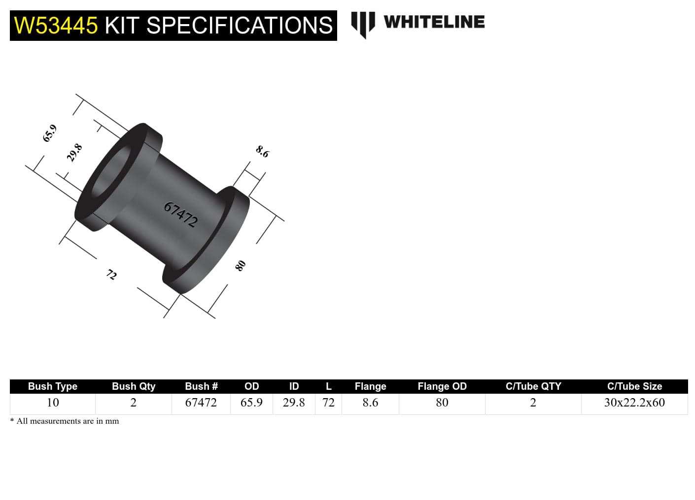 Whiteline 10 x 16 x 26 cm / Performance Alignment - adds +0.5deg caster Front Control Arm Lower - Inner Rear Bushing Double Offset Kit to Suit Holden Astra, Cruze and Volt SR