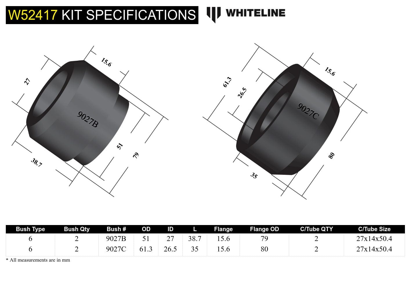 Whiteline 10 x 16 x 26 cm / Performance Alignment - adds +/- 0.5deg caster Front Control Arm Lower - Inner Rear Bushing Double Offset Kit to Suit Toyota Camry, Avalo and Holden Apollo SR