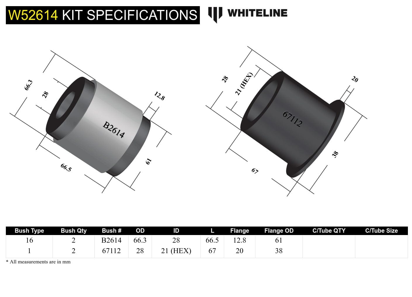 Whiteline 10 x 16 x 26 cm / Performance Alignment - adds +0.5deg caster Front Control Arm Lower - Inner Rear Bushing Doule Offset Kit to Suit Mini Cooper R50, R56 SR