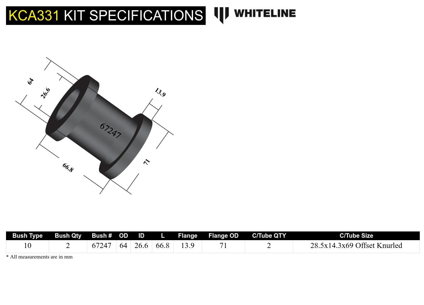 Whiteline 10 x 16 x 26 cm / Performance Alignment - adds +/- 0.5deg caster Front Strut Rod - To Chassis Bushing Kit Double Offset to Suit Nissan 180SX, 200SX. 300ZX and Skyline SR