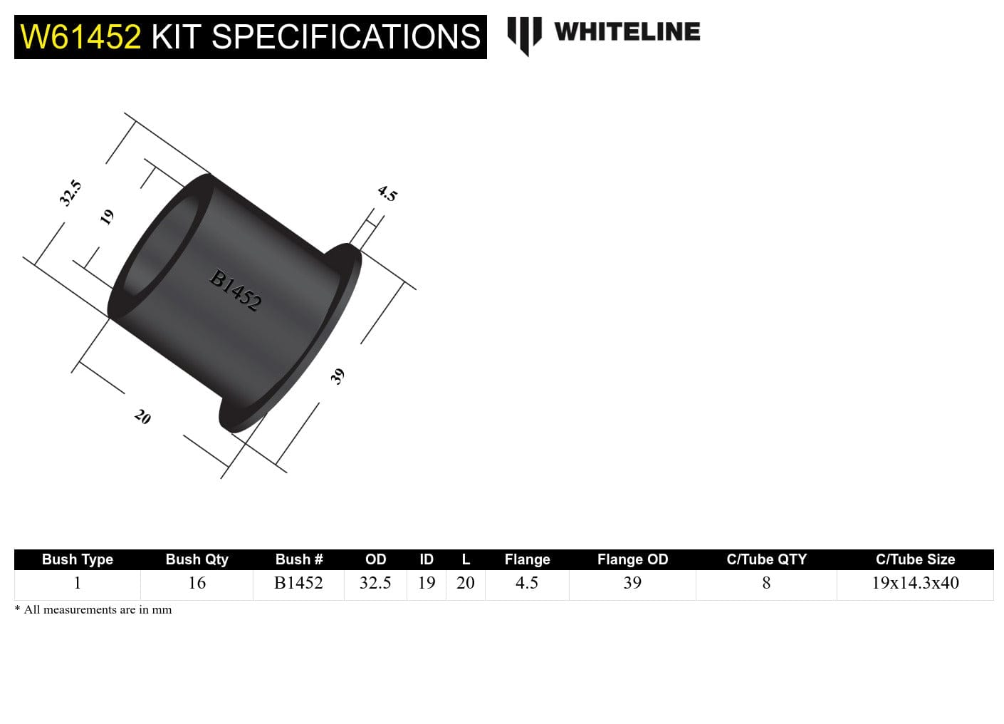Whiteline 10 x 16 x 26 cm Rear Control Arm - Bushing Kit to Suit Holden Astra LD and Nissan Pulsar N13, N14 Fwd/Awd SR