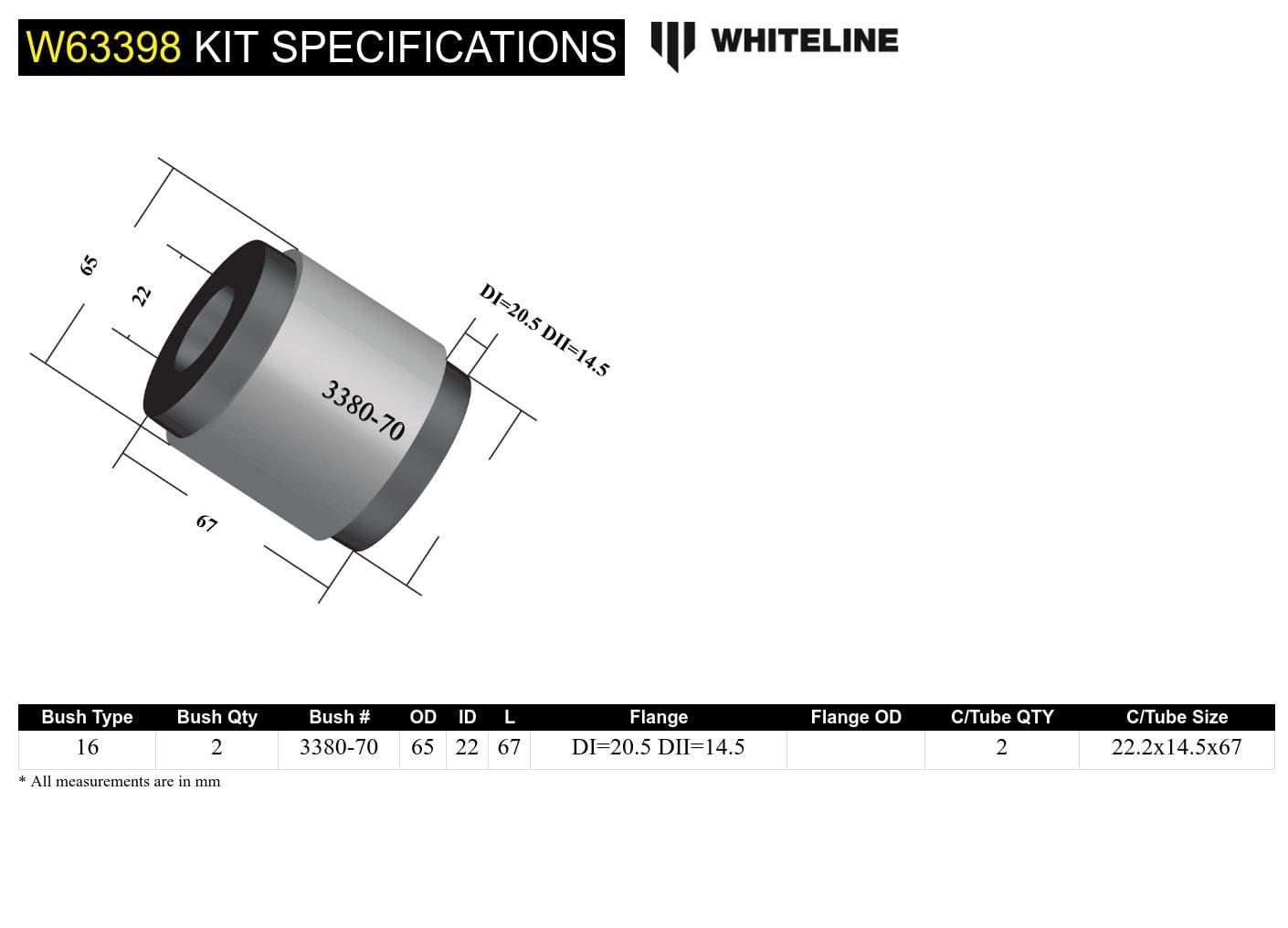Whiteline 10 x 16 x 26 cm Rear Trailing Arm Lower - Front Bushing Kit t Suit Subaru Liberty and Outback SR