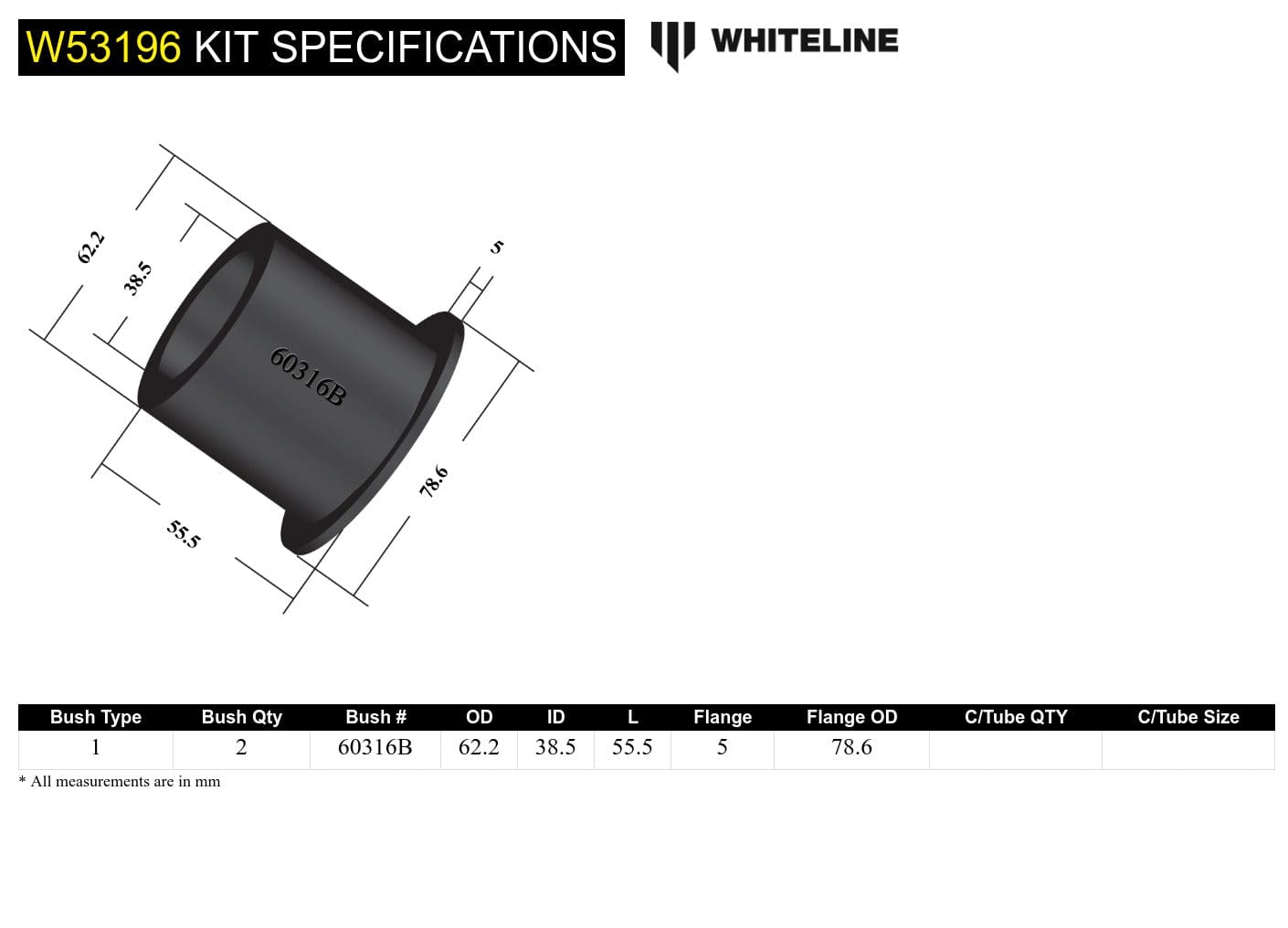 Whiteline 10 x 16 x 26 cm / Standard Alignment Front Control Arm Lower - Inner Rear Bushing Kit to Suit Audi, Seat, Skoda and Volkswagen PQ35 Fwd/Awd SR