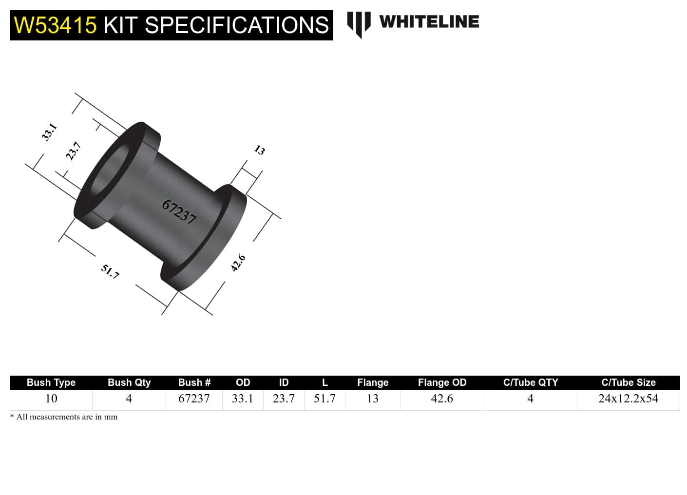 Whiteline 10 x 16 x 26 cm / Standard Alignment Front Control Arm Upper - Bushing Kit to Suit Mazda MX-5 NC and RX-8 FE SR
