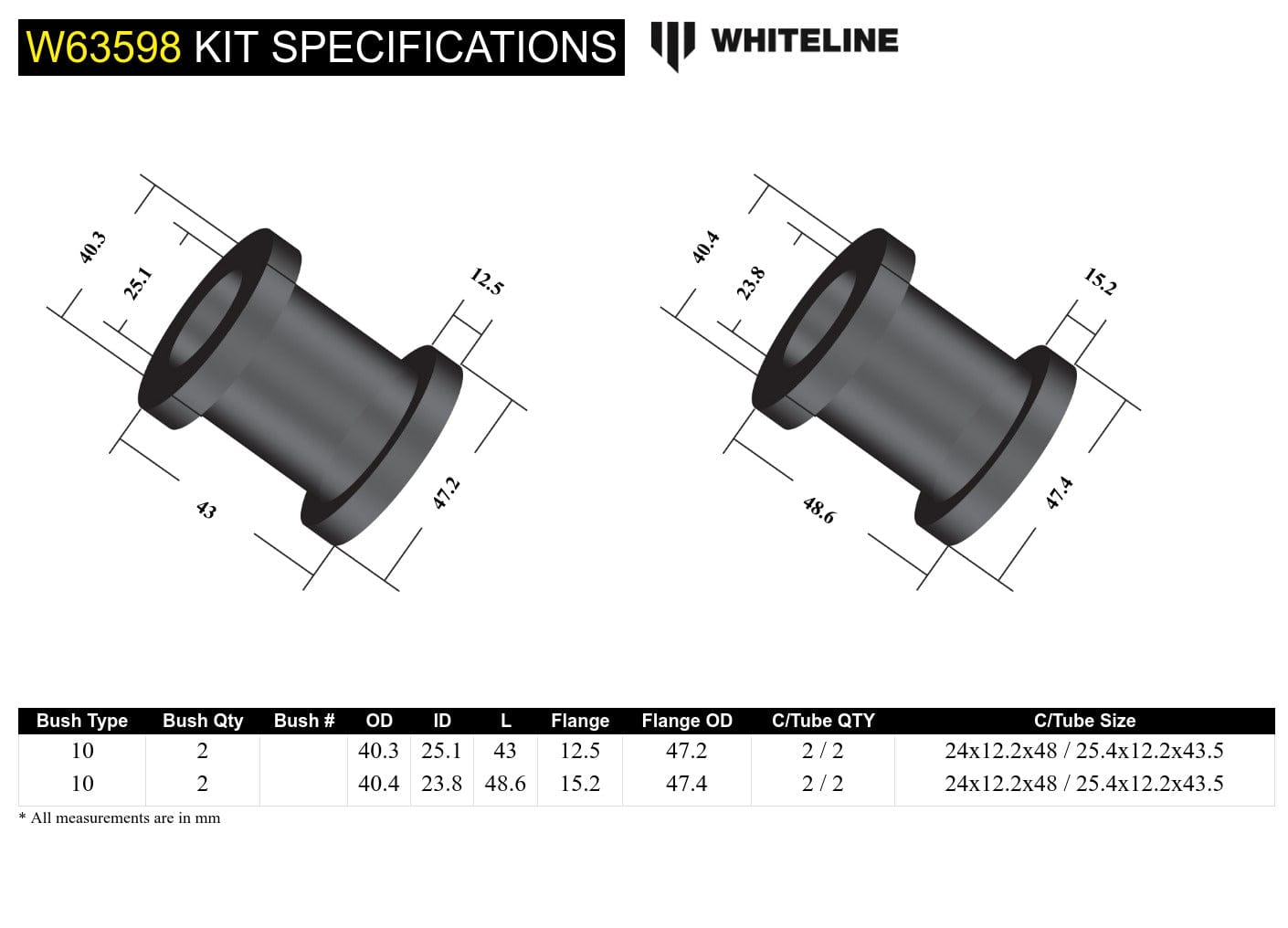Whiteline 10 x 16 x 26 cm / Standard Alignment Rear Control Arm Upper - Bushing Kit to Suit Mazda CX-5 KE, KF and Mazda6 GJ,GL SR