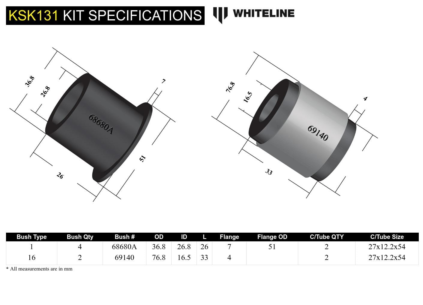Whiteline 10 x 16 x 26 cm / Suits Whiteline KTA252 Front Control Arm Lower - Arm Service Kit to Suit Whiteline Control Arm KTA252 SR