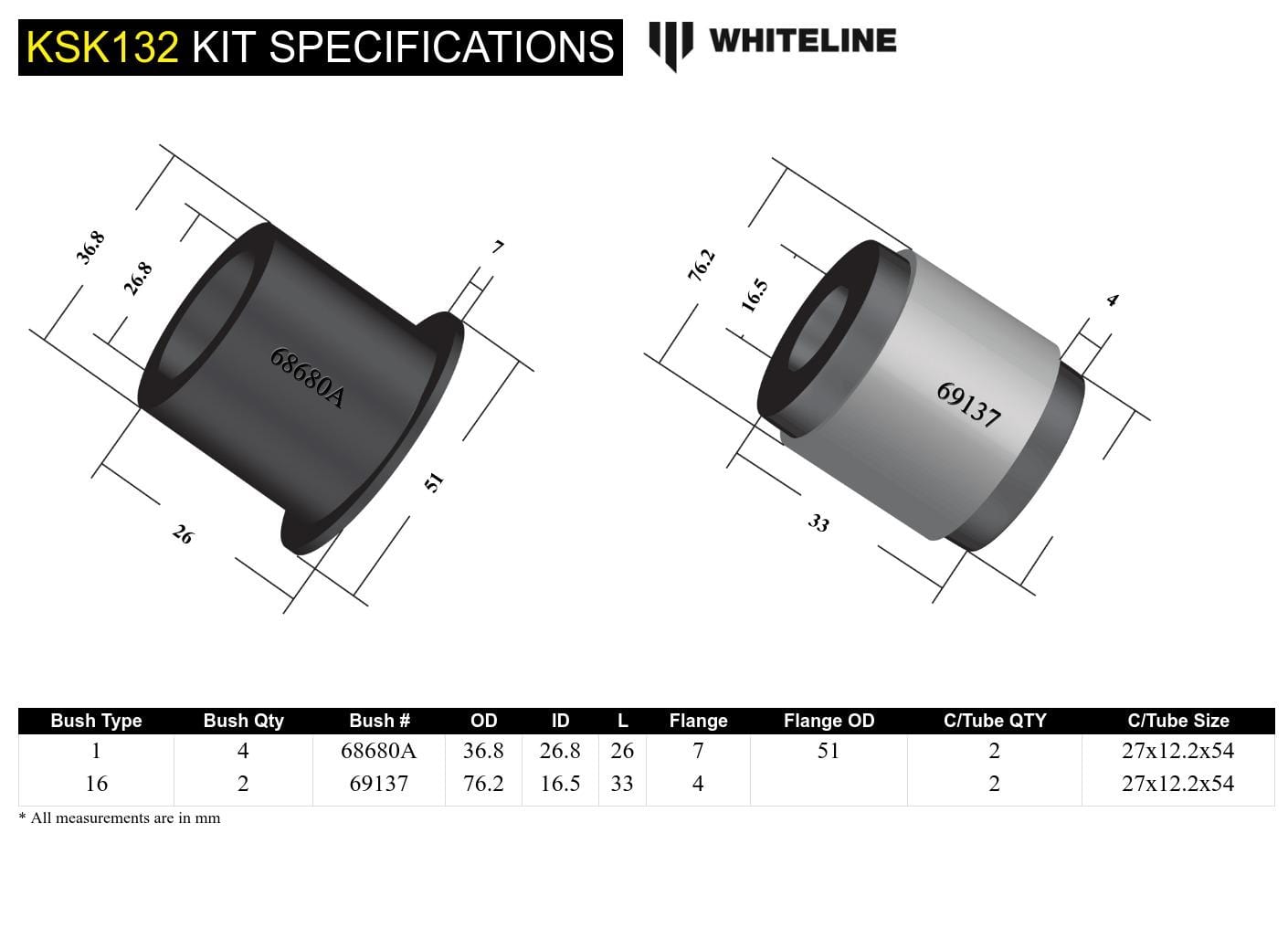 Whiteline 10 x 16 x 26 cm / Suits Whiteline KTA262 Front Control Arm Lower - Arm Service Kit to Suit Whiteline Control Arm KTA262 SR