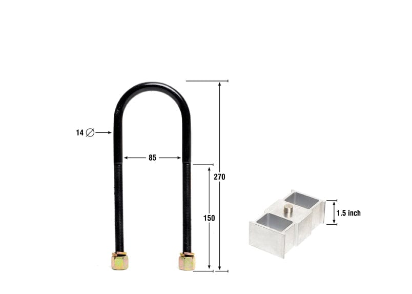 Whiteline 40 x 20 x 10 cm / Block = 38mm, Pin = 13mm, Hole = 16mm Tapered, U Bolt = M14x85mm Rear Lowering Block - Kit 1.5" to Suit Holden Rodeo and Nissan Navara SR