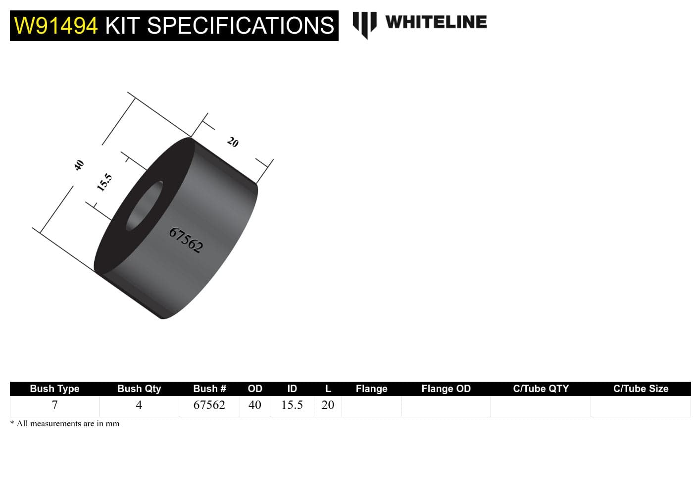 Whiteline 40 x 20 x 10 cm Front Crossmember - To Chassis Bushing Kit to Suit Holden HK, HT, HG SR