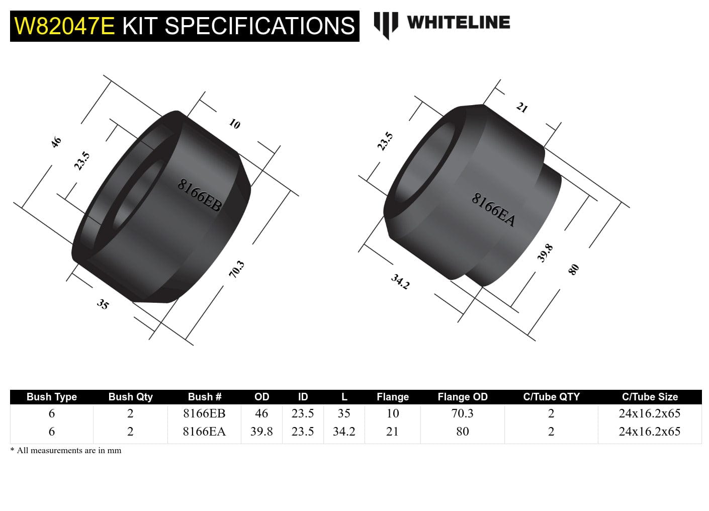 Whiteline 40 x 20 x 10 cm / Standard Alignment - non adjustable Front Strut Rod - To Chassis Bushing Kit to Suit Holden Commodore VT-VZ and HSV SR