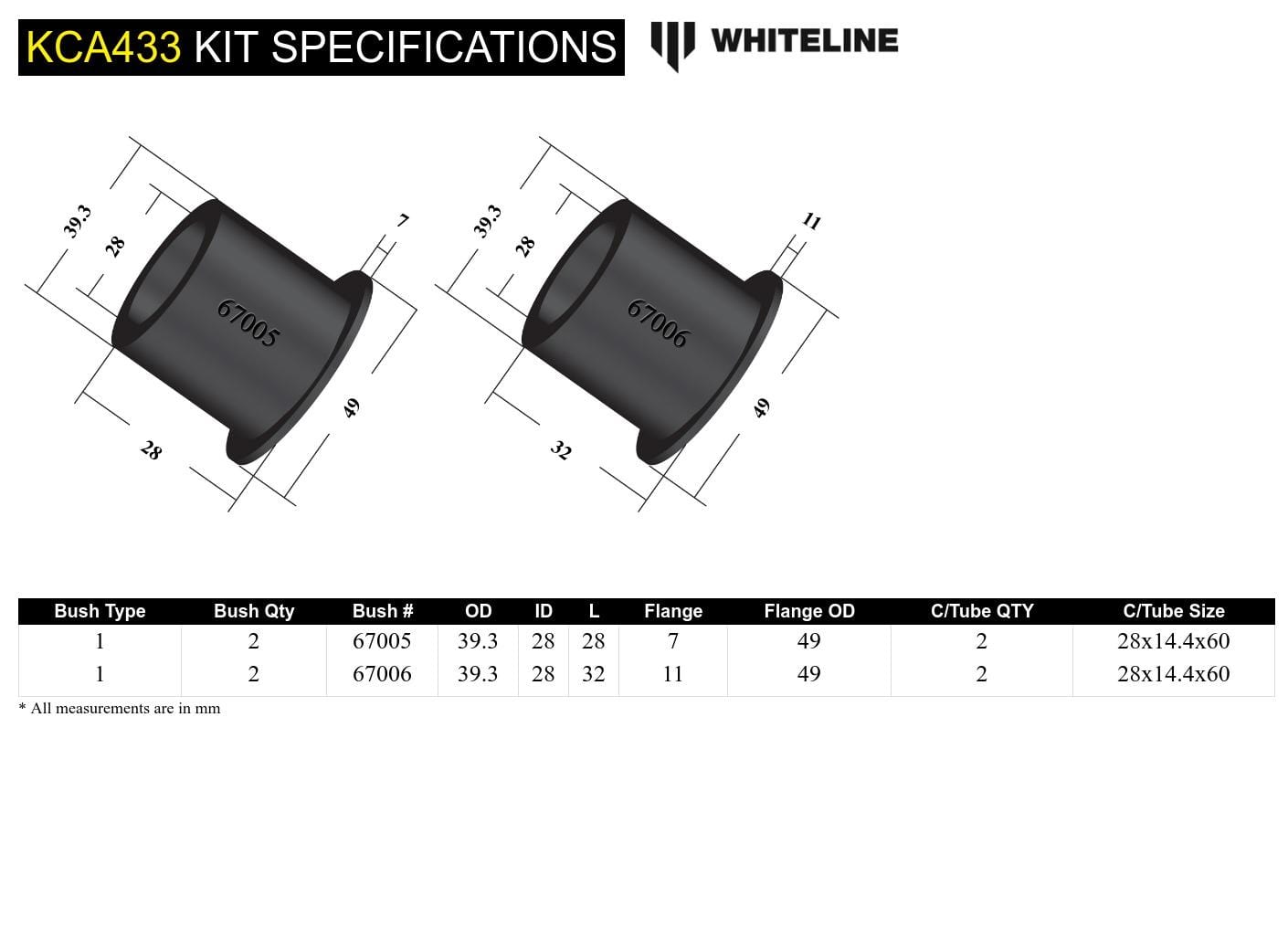 Whiteline 50 x 60 x 20 cm / Performance Alignment - adds +1.0deg caster + anti-dive Front Control Arm Lower - Bushing Kit Double Offset to Suit Ford Mustang S197 SR
