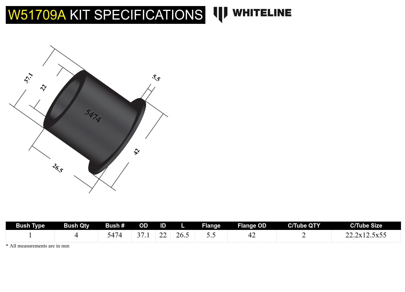Whiteline 7 x 14 x 20 cm / 55mm L Front Control Arm Lower - Inner Front Bushing Kit to Suit Subaru Forester, Impreza, Liberty and Outback SR