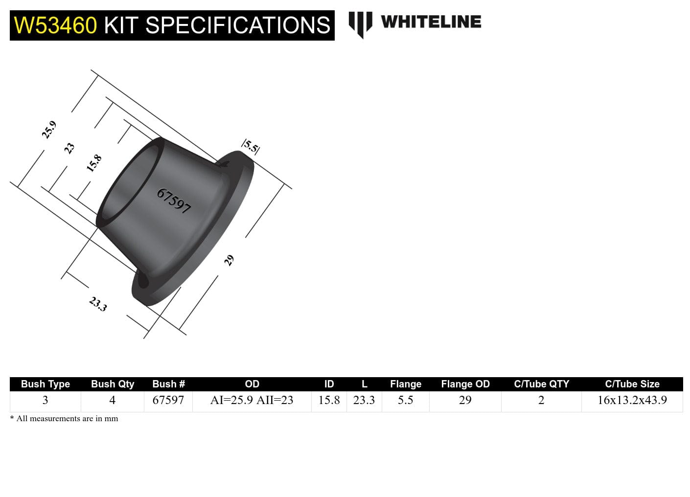 Whiteline 7 x 14 x 20 cm Front Control Arm - Bushing Kit to Suit MG MGA, MGB SR