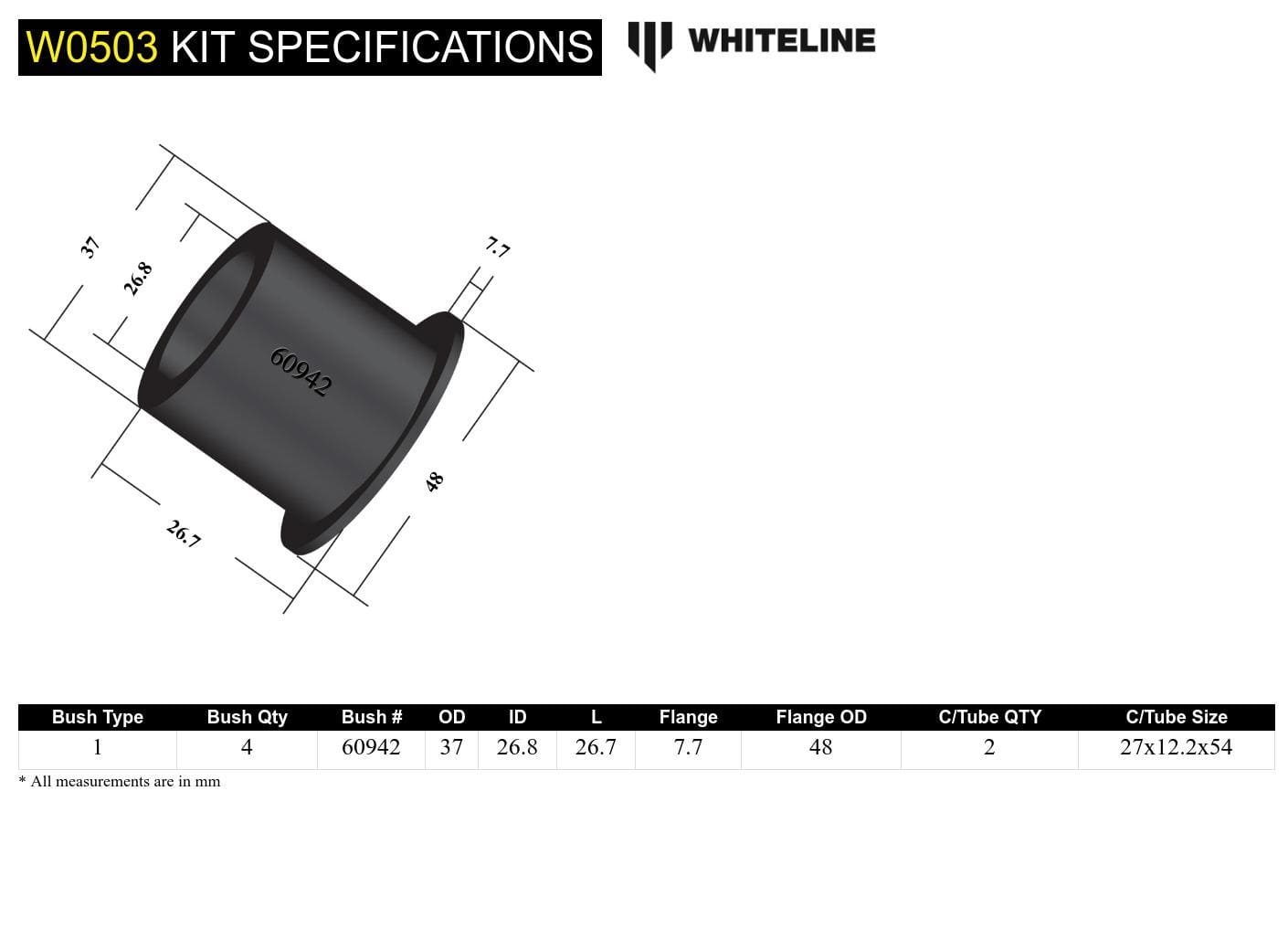 Whiteline 7 x 14 x 20 cm Front Control Arm Lower - Inner Front Bushing Kit to Suit Audi, Seat, Skoda and Volkswagen PQ35/MQB Fwd/Awd SR