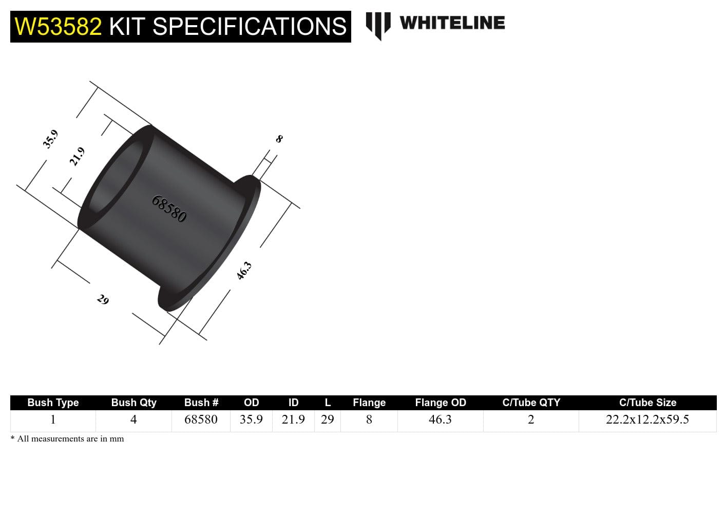 Whiteline 7 x 14 x 20 cm Front Control Arm Lower - Inner Front Bushing Kit to Suit Daewoo Lacetti and Holden Viva SR