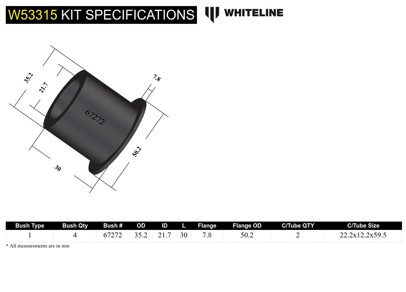 Whiteline 7 x 14 x 20 cm Front Control Arm Lower - Inner Front Bushing Kit to Suit Holden Astra TS, AH and Zafira TT SR