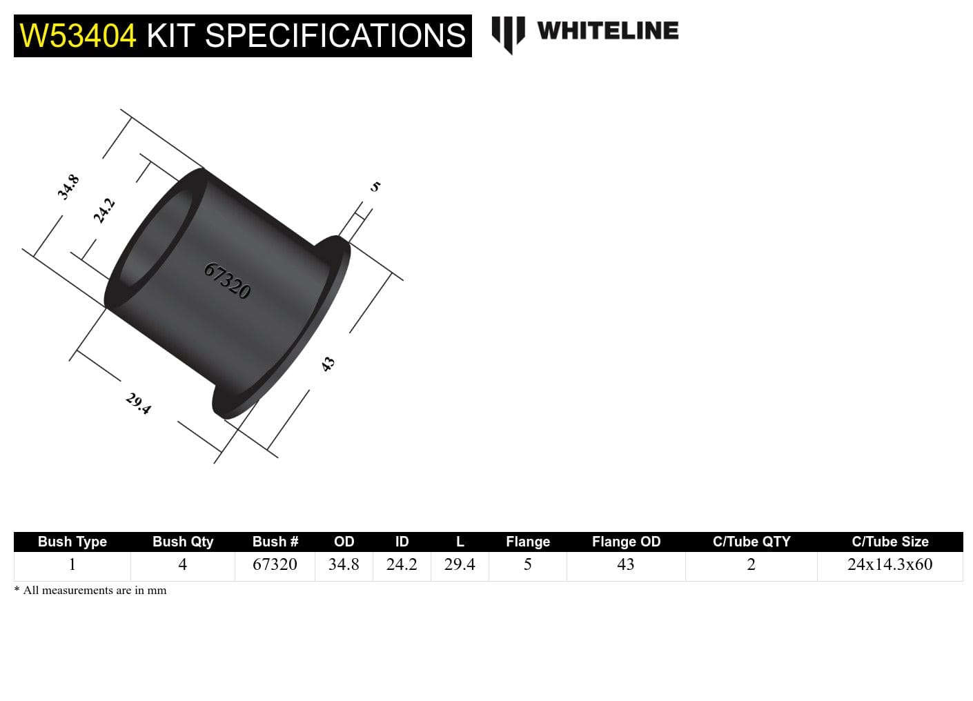 Whiteline 7 x 14 x 20 cm Front Control Arm Lower - Inner Front Bushing Kit to Suit Holden Captiva CG SR