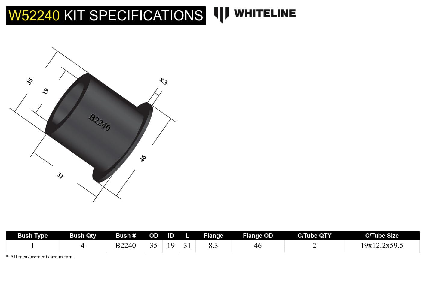 Whiteline 7 x 14 x 20 cm Front Control Arm Lower - Inner Front Bushing Kit to Suit Holden Vectra JR, JS SR
