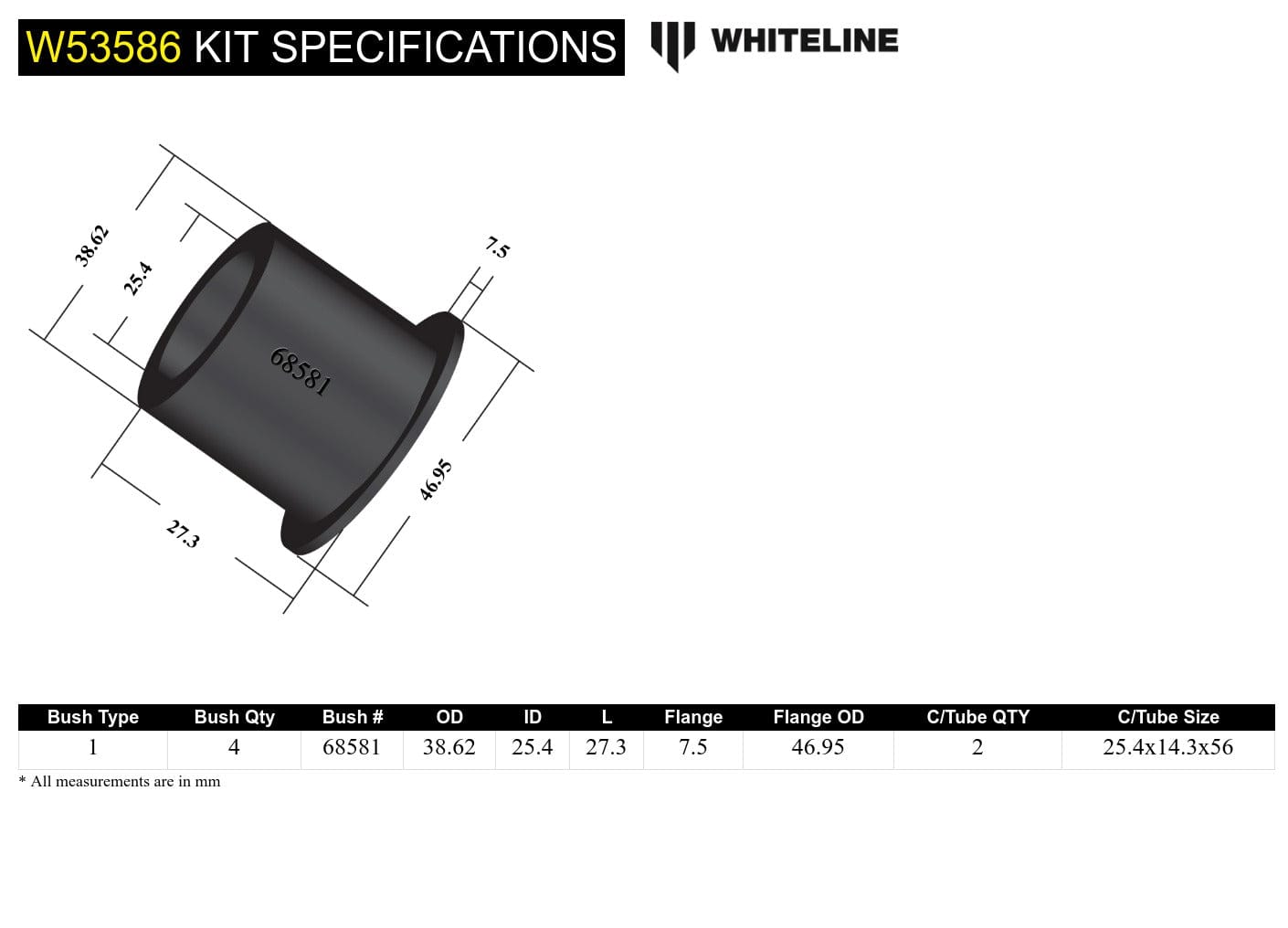 Whiteline 7 x 14 x 20 cm Front Control Arm Lower - Inner Front Bushing Kit to Suit Toyota Rav 4 SXA10, 11, 16 SR