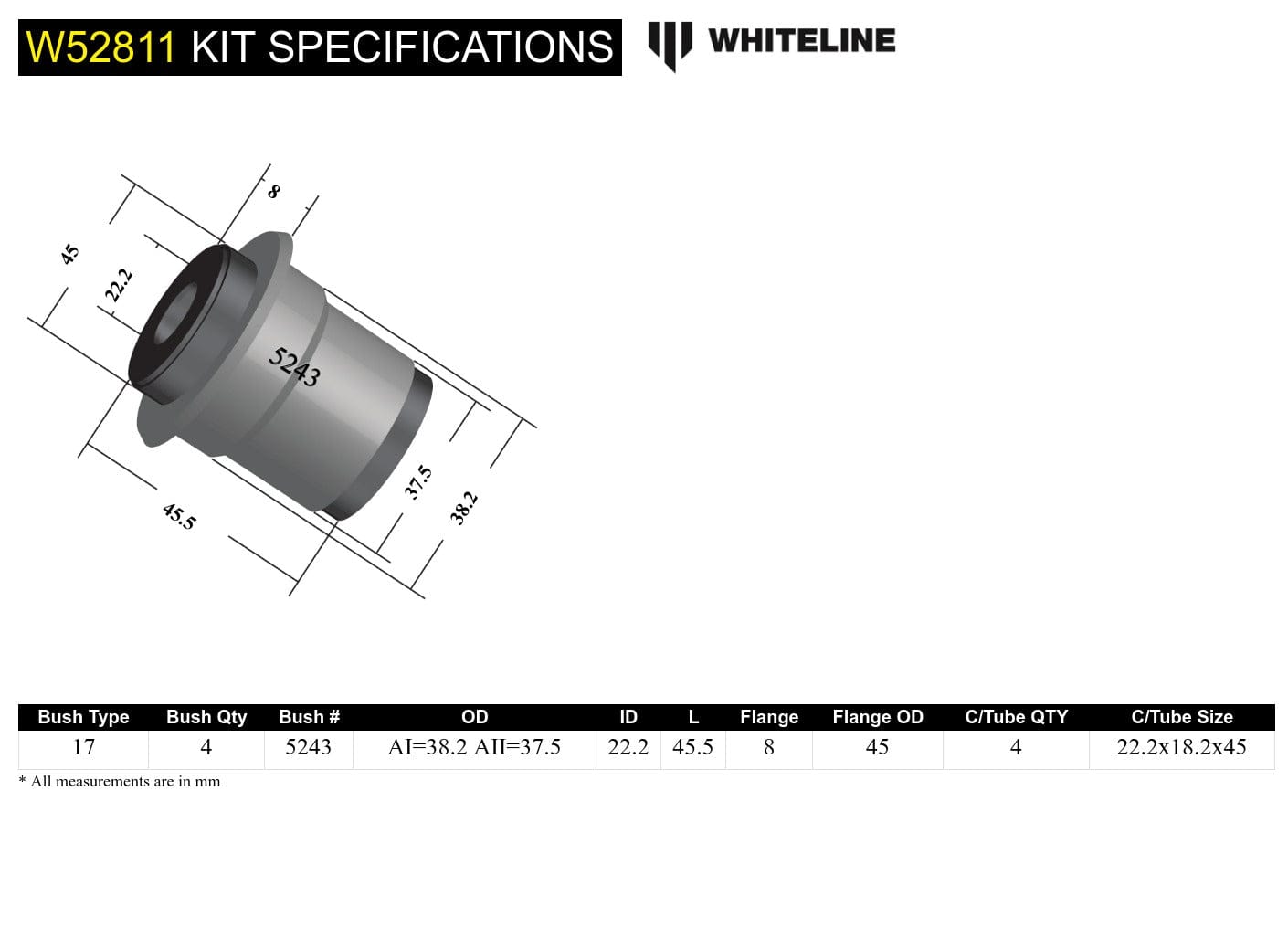 Whiteline 7 x 14 x 20 cm Front Control Arm Upper - Bushing Kit to Suit Holden Frontera, Jackaroo, Rodeo, Isuzu MU and Trooper SR