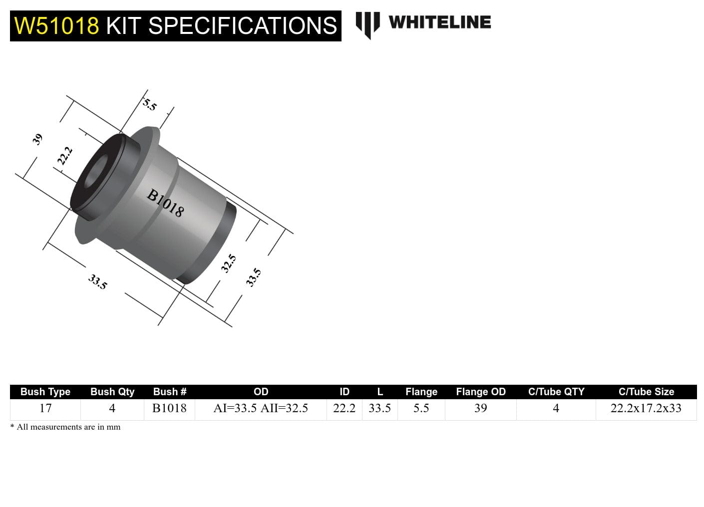 Whiteline 7 x 14 x 20 cm Front Control Arm Upper - Bushing Kit to Suit Holden HT-WB and Torana LC-LX SR