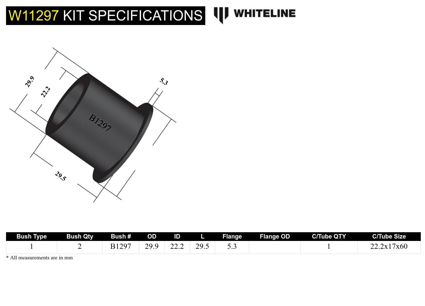 Whiteline 7 x 14 x 20 cm Front Steering Idler Arm - Bushing Kit to Suit Nissan 260C and Cedric SR