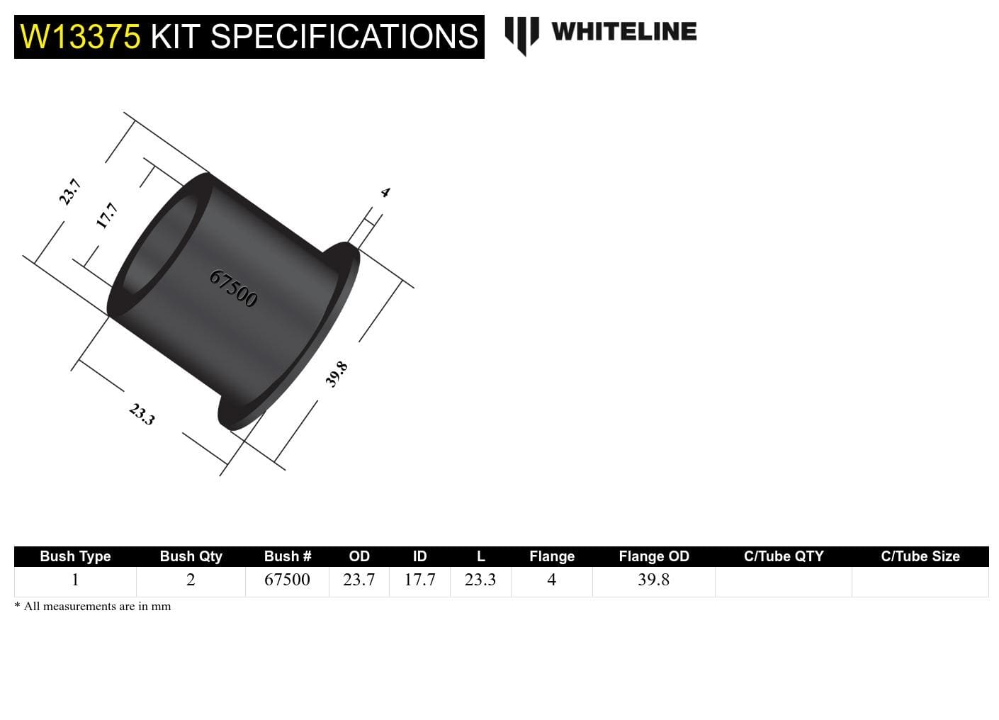 Whiteline 7 x 14 x 20 cm Front Steering Rack and Pinion - Mount Bushing Kit to Suit Ford Falcon/Fairlane BA, BF and FPV SR