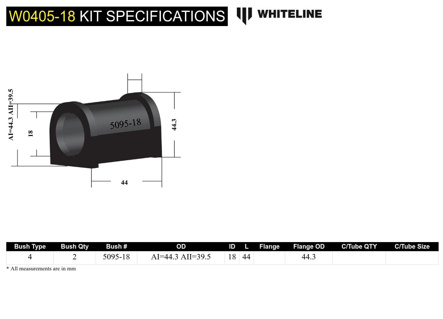 Whiteline 7 x 14 x 20 cm Front Sway Bar Mount - Bushing Kit 18mm to Suit Subaru Forester, Impreza and Liberty SR