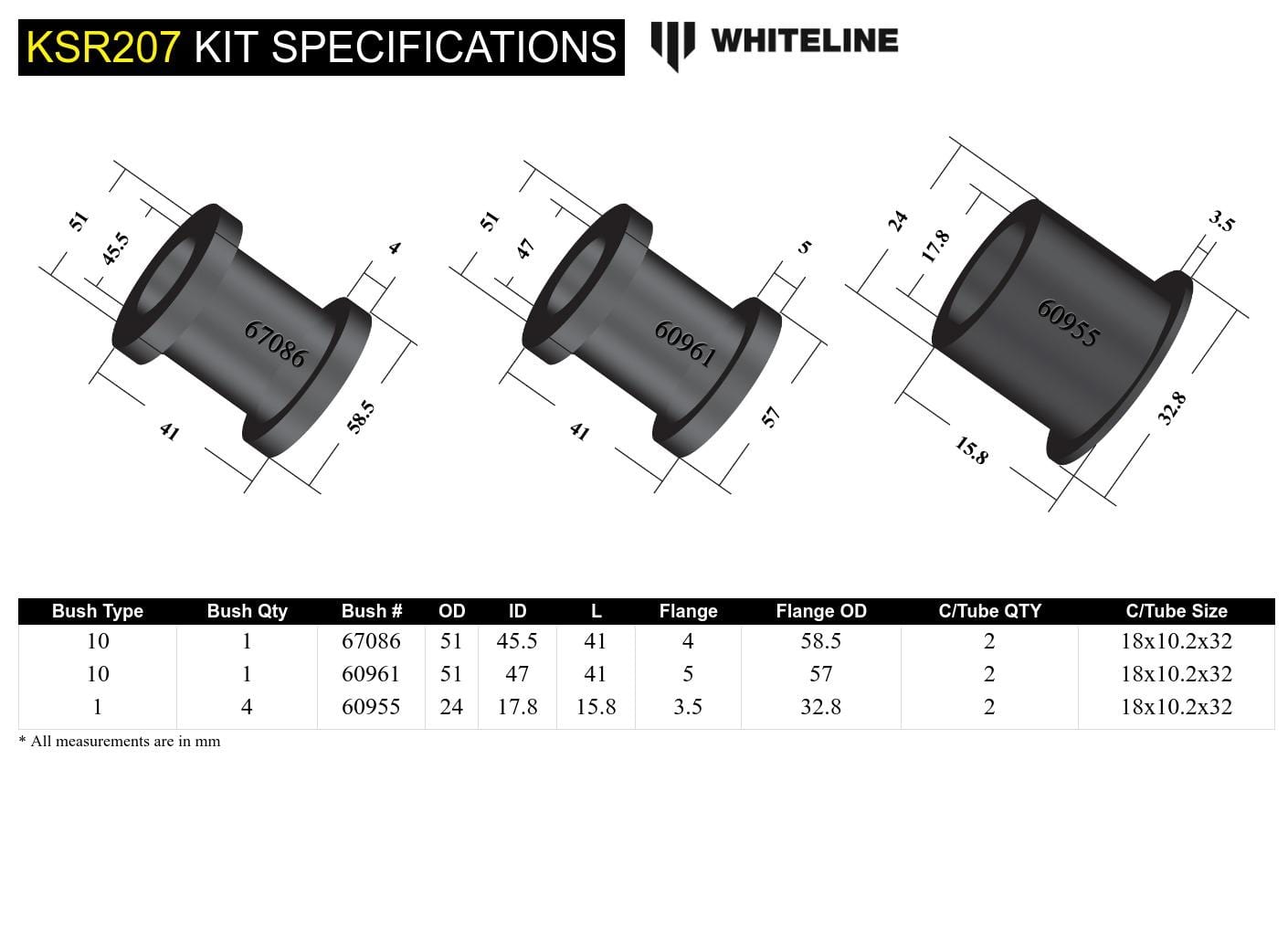 Whiteline 7 x 14 x 20 cm / Includes installation tool Front Steering Rack and Pinion - Mount Bushing Kit to Suit Subaru Forester, Impreza, Liberty, Outback and XV SR