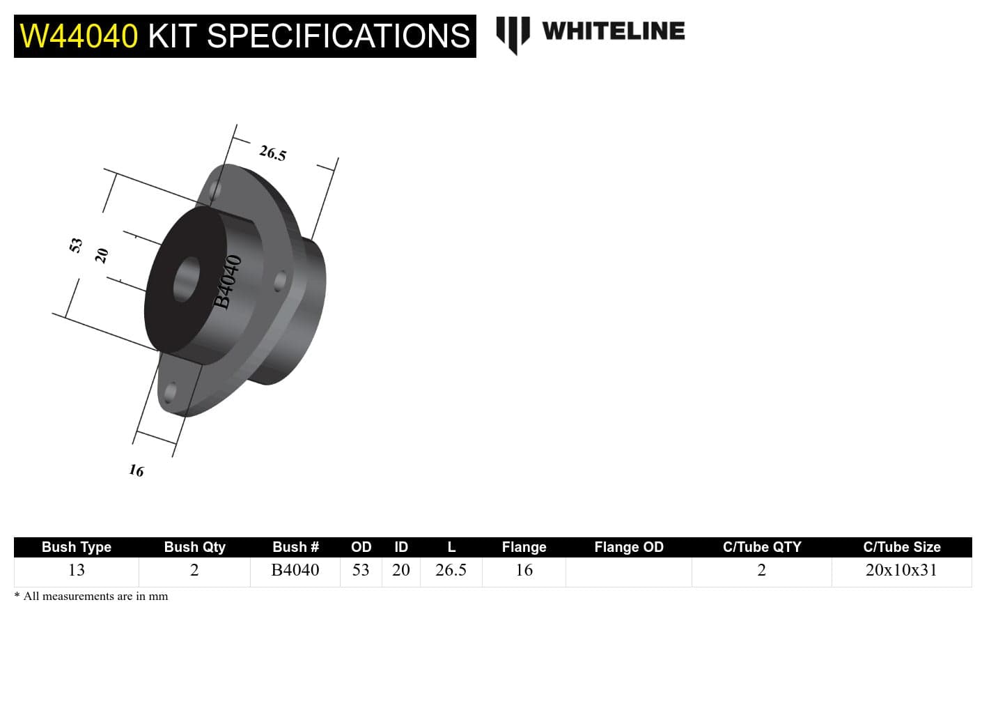 Whiteline 7 x 14 x 20 cm / Non adjustable Rear Stru Mount - Kit to Suit BMW 3 Series, M3 and Z3 SR