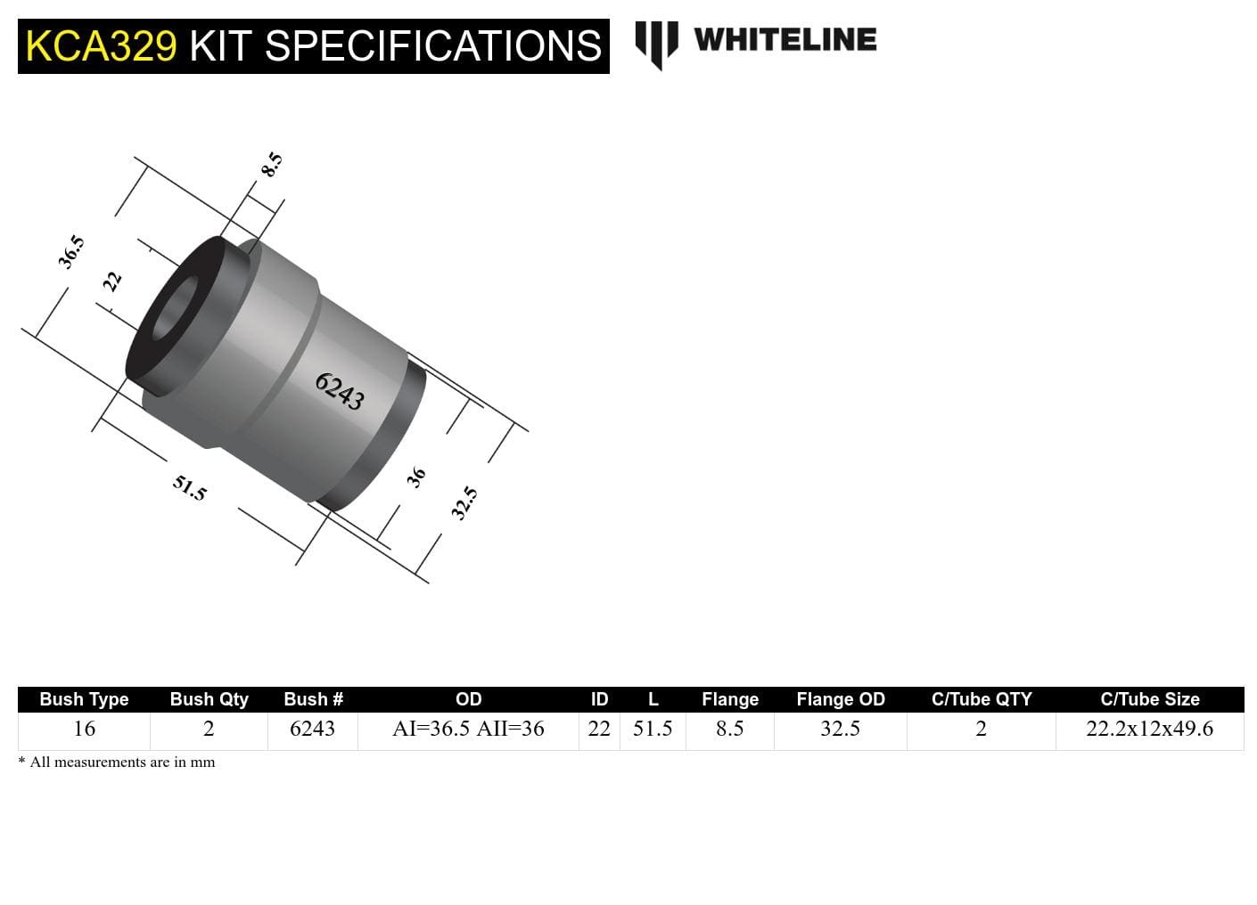 Whiteline 7 x 14 x 20 cm / Performance Alignment - adds +/- 0.5deg camber Rear Control Arm Upper - Inner Bushing Kit Double Offset to Suit Chrysler, Citroen, Dodge, Jeep, Mitsubishi and Peugeot SR