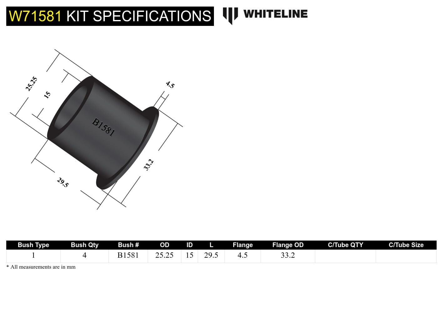 Whiteline 7 x 14 x 20 cm Rear Leaf Spring - Bushing Kit to Suit Chrysler Galant and Toyota Corona SR