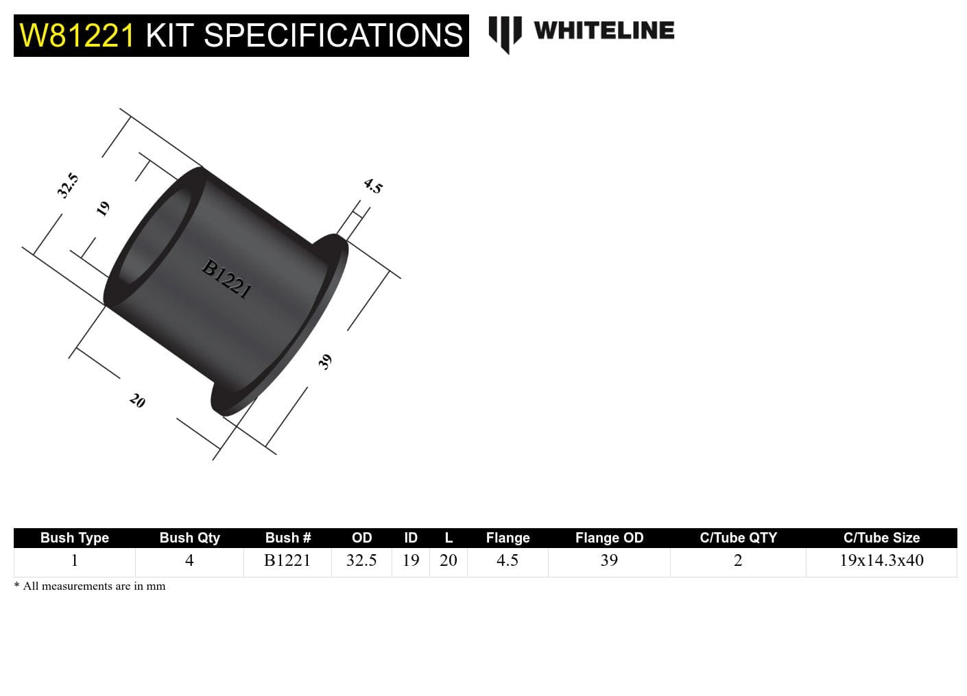 Whiteline 7 x 14 x 20 cm Rear Trailing Arm - Rear Bushing Kit to Suit Nissan NX and Pulsar N14 SR