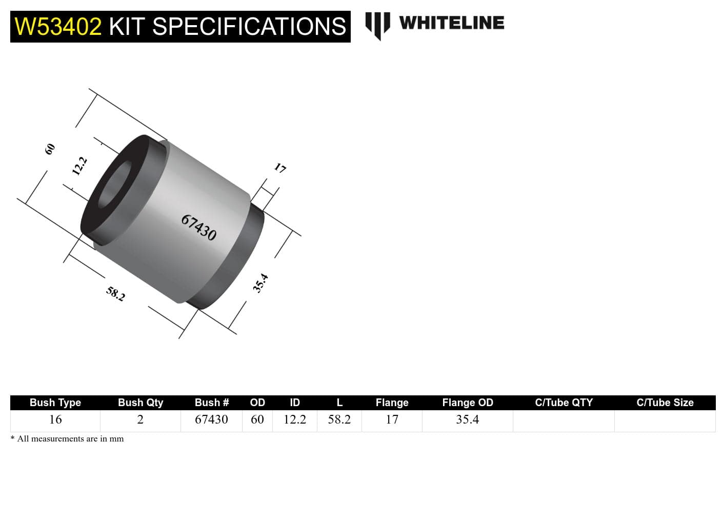Whiteline 7 x 14 x 20 cm / Standard Alignment - vertical mount Front Control Arm Lower - Inner Rear Bushing Kit to Suit Holden Astra TR, TS SR