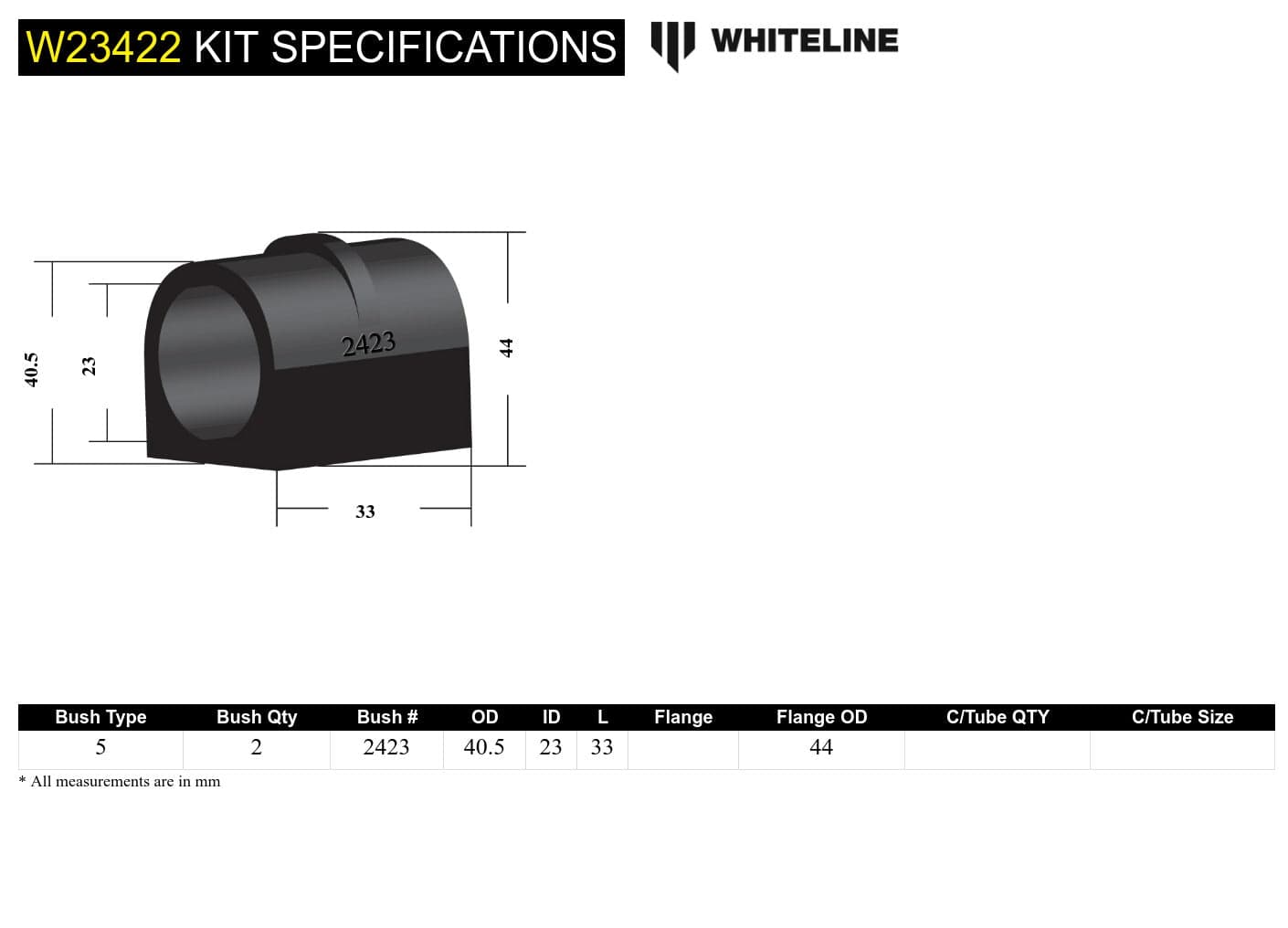 Whiteline 7 x 14 x 20 cm / Suits models 09/2001 - on - with ribbed saddle Front Sway Bar Mount - Bushing Kit 23mm to Suit Nissan Patrol GU and Pathfinder R50 SR