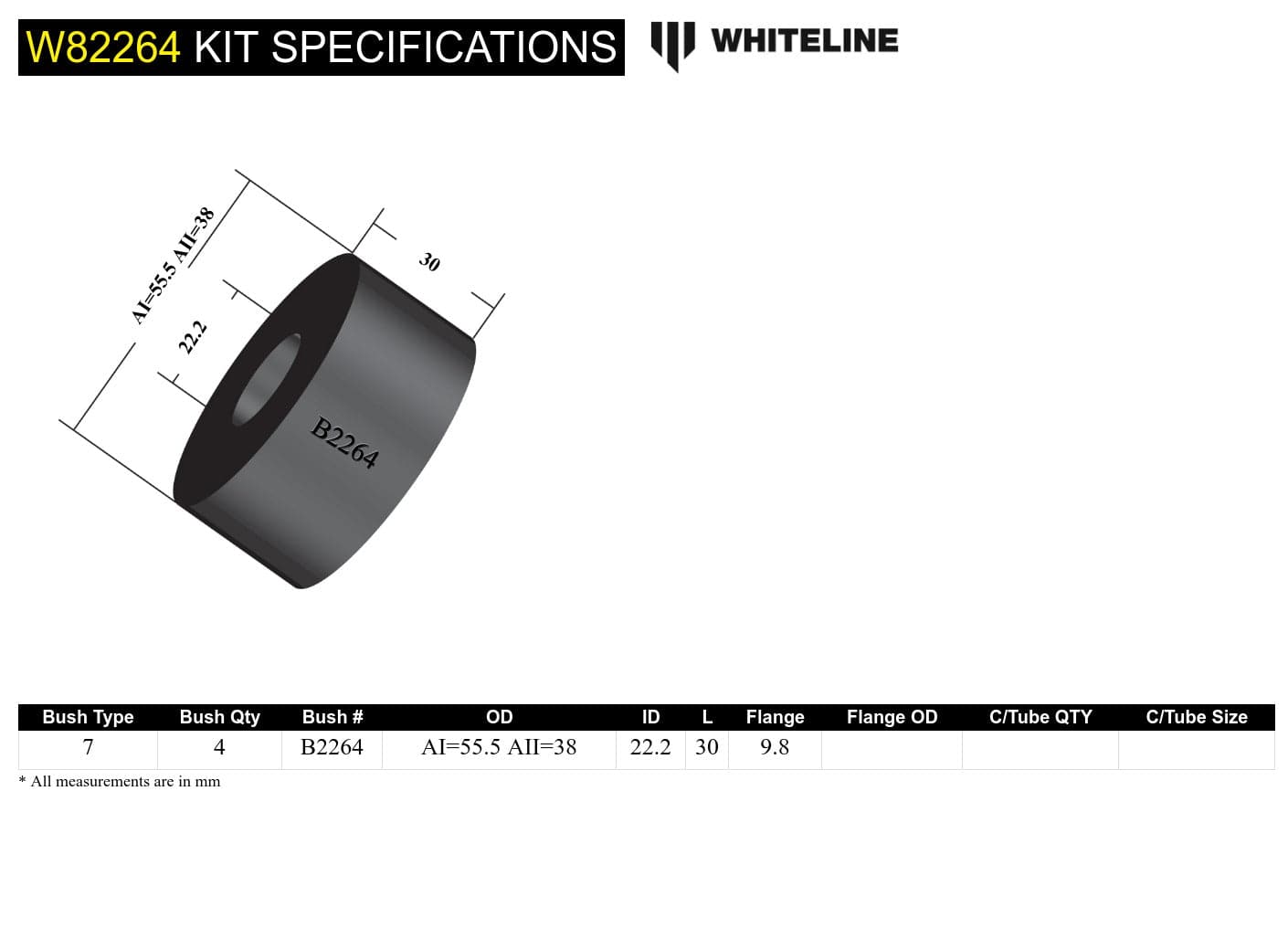 Whiteline 7 x 14 x 20 cm / Suits models 1970 - 11/1975 with king pins Front Leading Arm - To Chassis Bushing Kit to Suit Ford F100 2wd/4wd SR