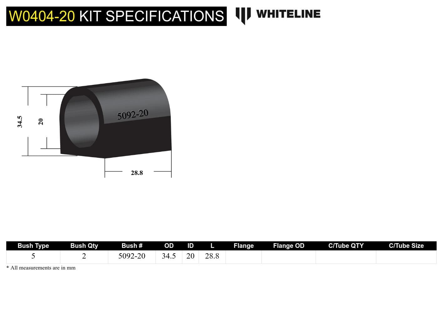 Whiteline 7 x 14 x 20 cm / Suits models to - MY02 Swy Bar Mount - Bushing Kit 20mm to Suit Subaru Forester, Impreza, Liberty and Outback SR