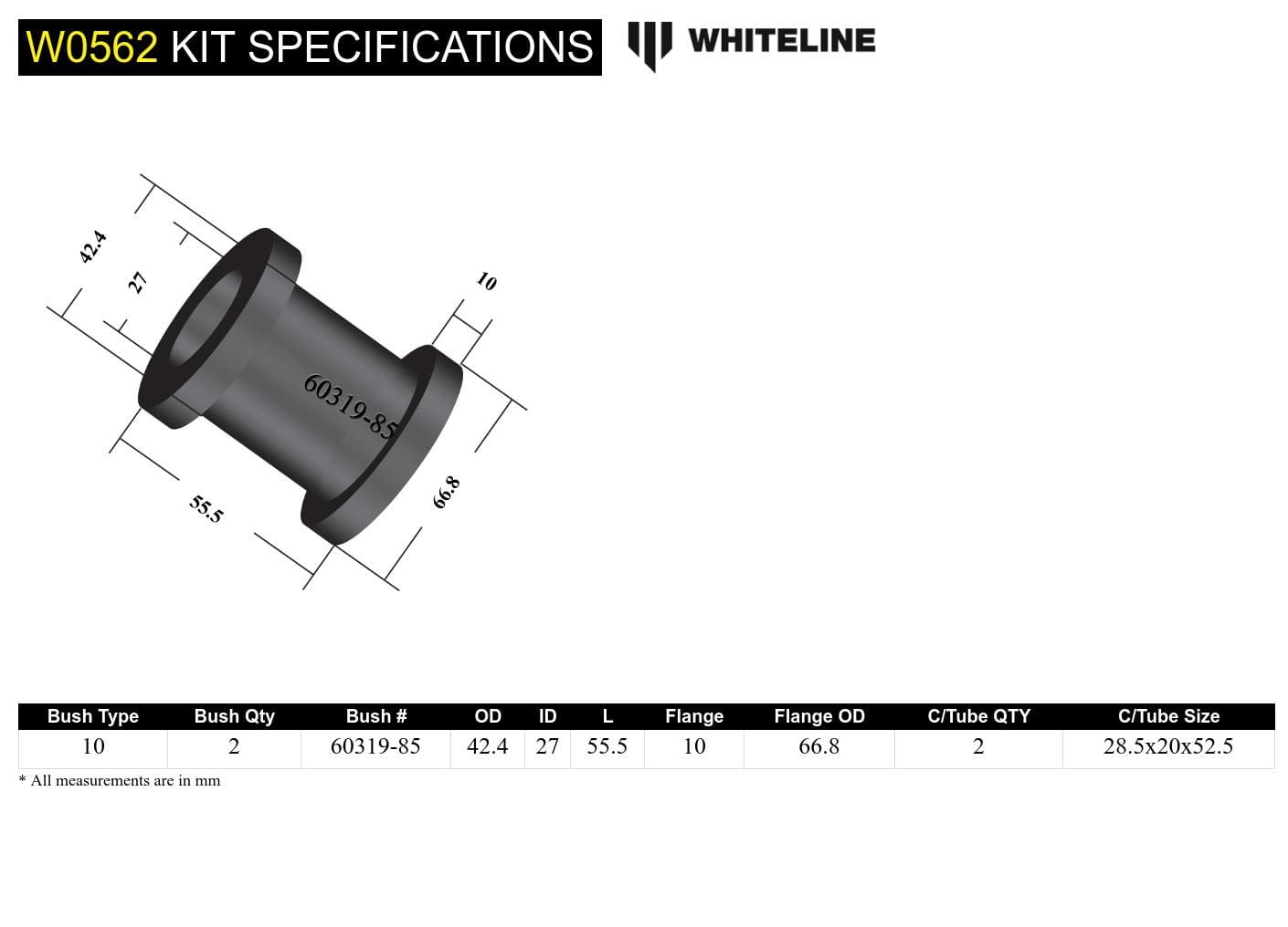Whiteline 7 x 14 x 20 cm / Suits Whiteline KCA359 Front Control Arm Lower - Inner Rear Service Kit to Suit Subaru Impreza GC, GD and Liberty BC, BD, BE SR