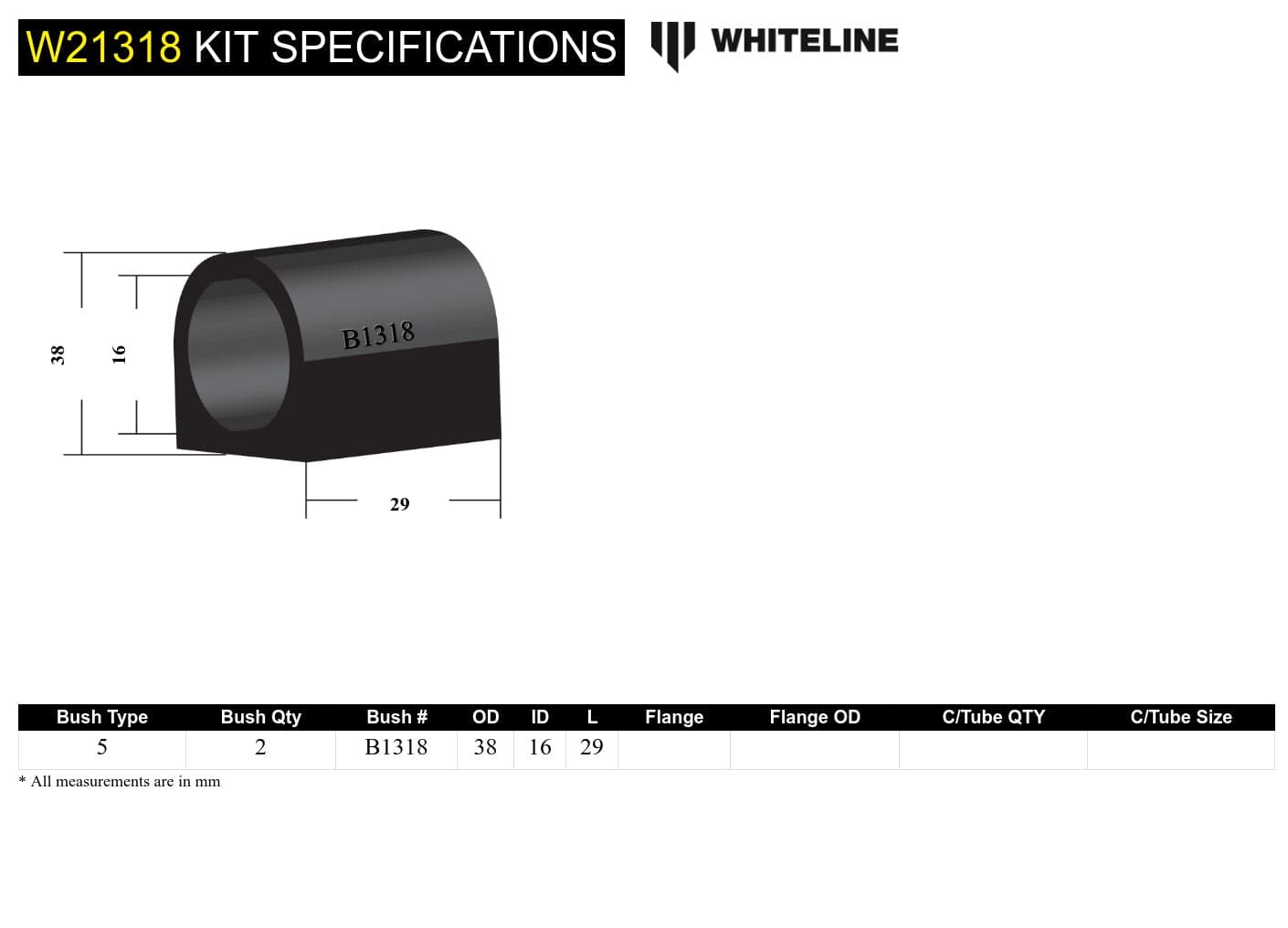 Whiteline 7 x 14 x 20 cm Sway Bar Mount - Bushing Kit 16mm to Suit Holden Commodore VB-VS, FX-HJ and HSV SR