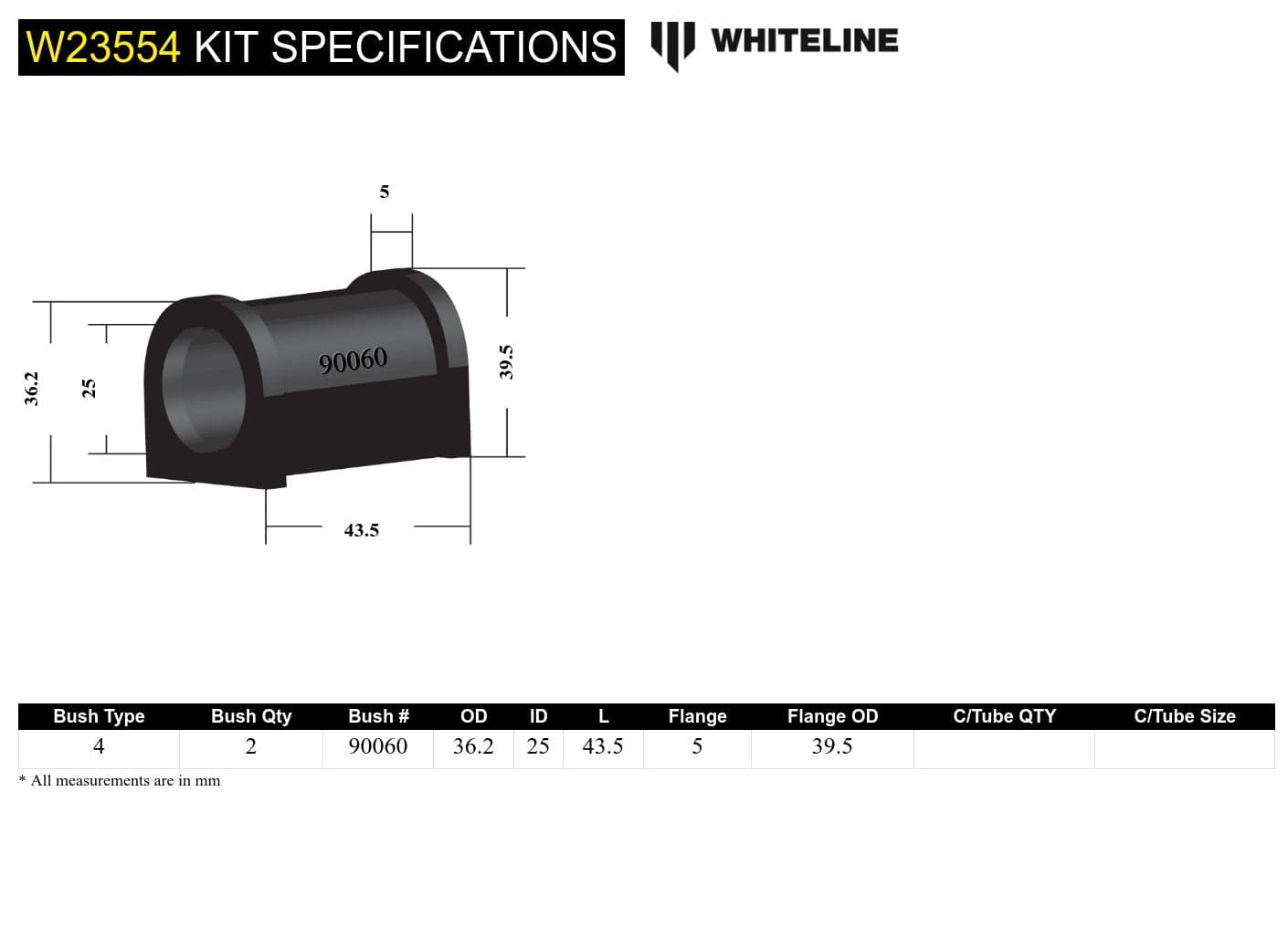 Whiteline 7 x 14 x 20 cm Sway Bar Mount - Bushing Kit 25mm to Suit Mazda MX-5 NC, RX-8 and Toyota Land Cruiser 100 Series SR