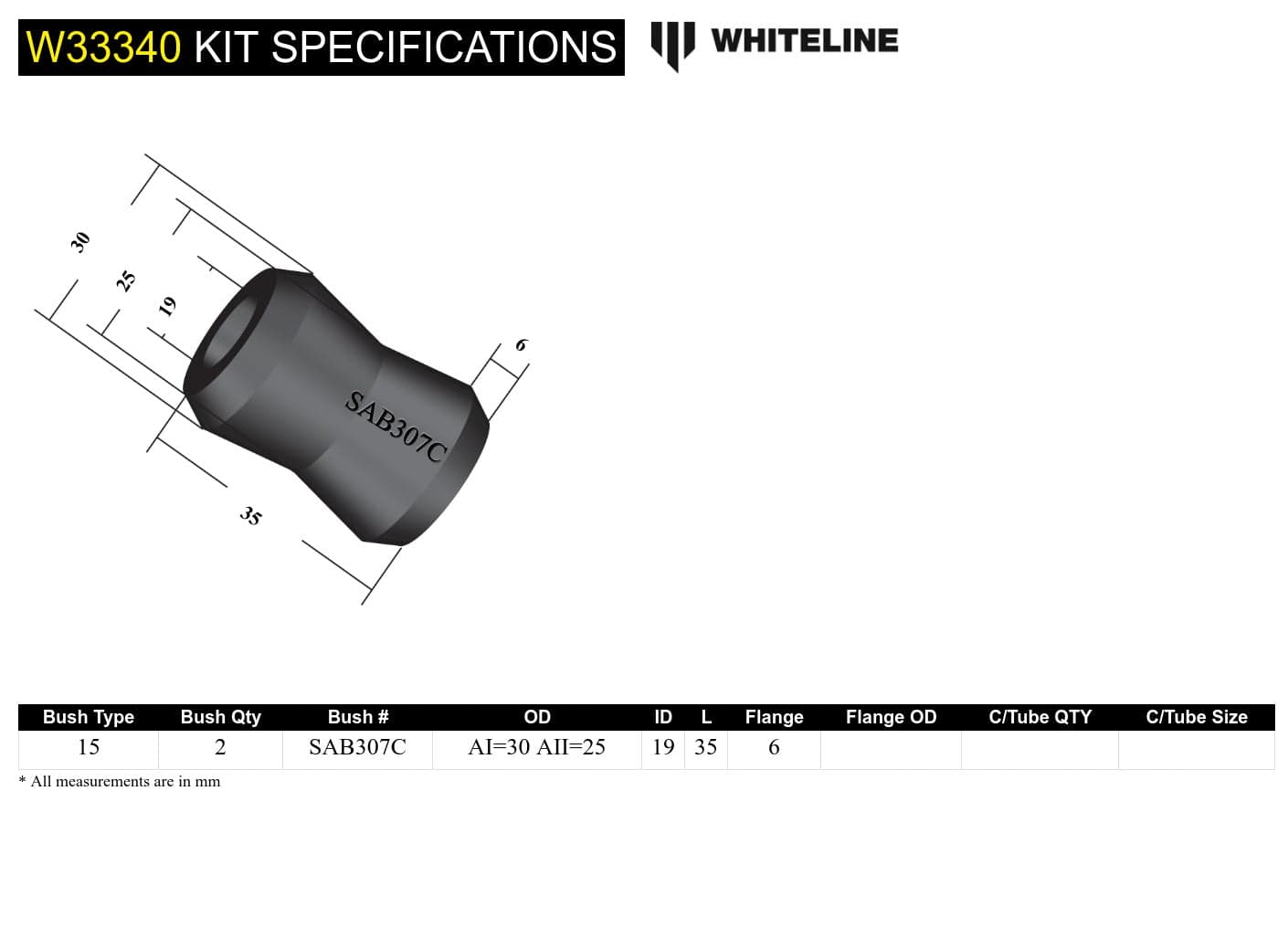 Whiteline 7 x 14 x 20 cm / Type 15 OD=30/25, ID=19 L=35mm Universal Shock Absorber - Bushing Kit - Type 15 OD=30/25, ID=19 L=35mm SR