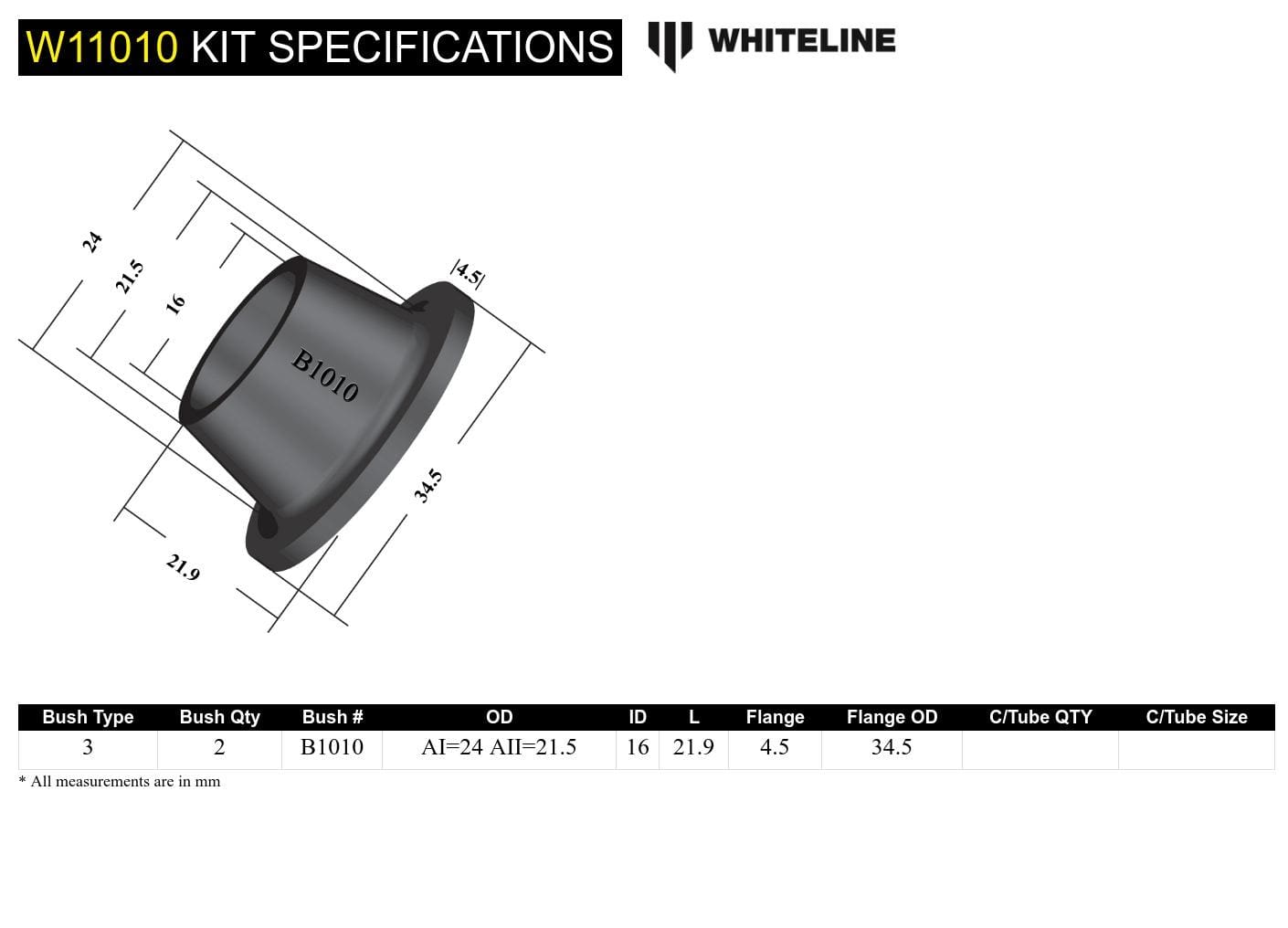 Whiteline Suits models with chassis No. LA4MS737269 - on Front Steering Idler Arm - Bushing Kit to Suit Chrysler, Mazda, Mitsubishi and Nissan SR