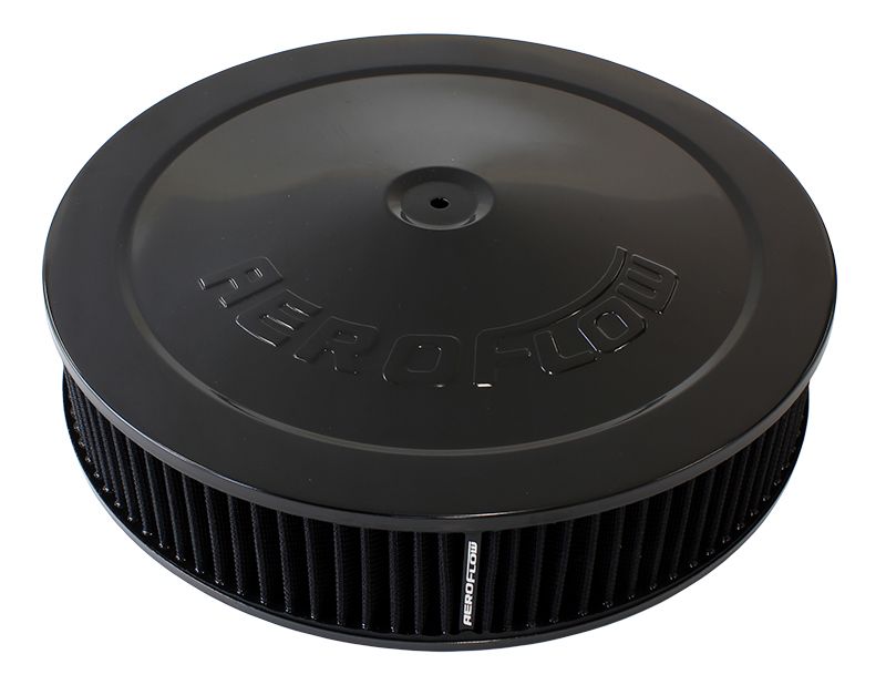 Black Air Filter Assembly
 14" x 3", 7-5/16" neck,Flat Base with black washable cotton element