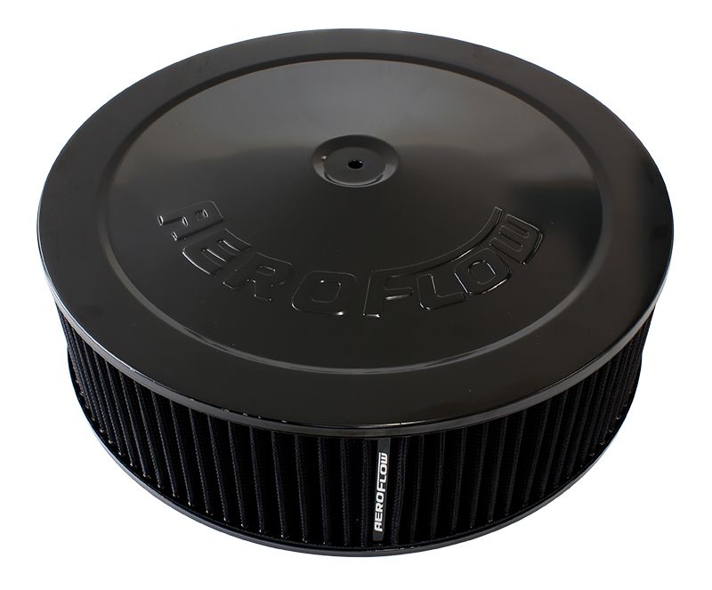 Black Air Filter Assembly
 14" x 4", 7-5/16" neck,Flat Base with black washable cotton element