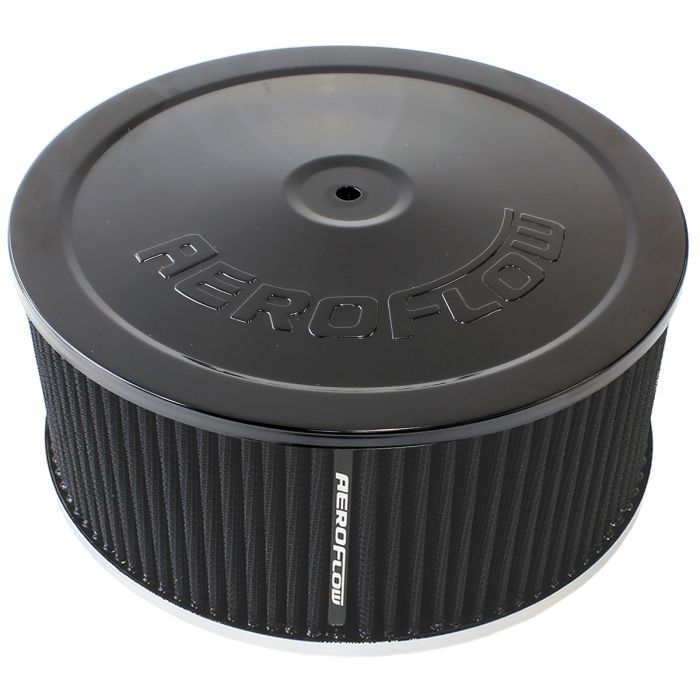 Black Air Filter Assembly
 9" x 4", 7-5/16" neck,Flat Base with black washable cotton element