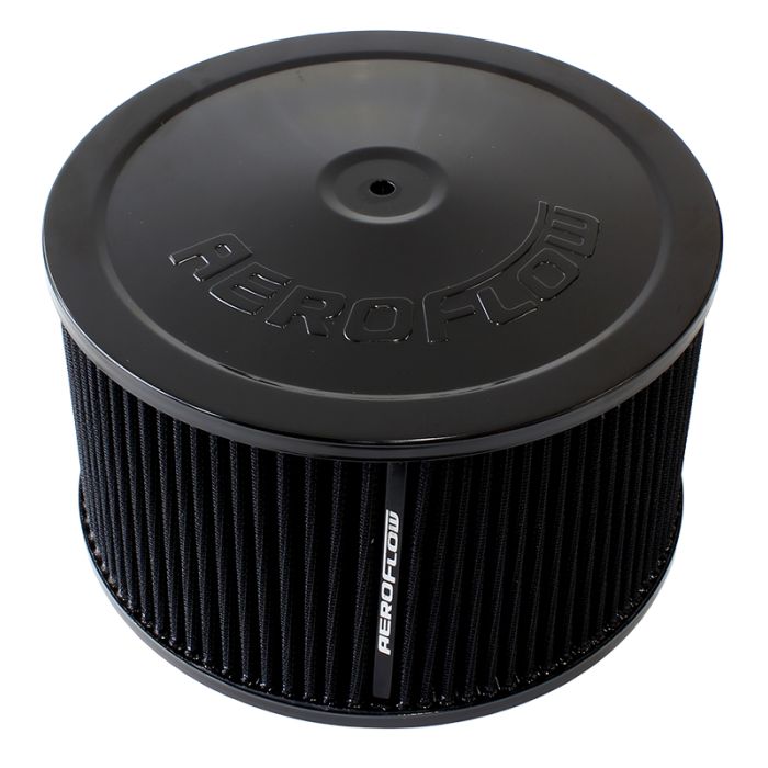 Black Air Filter Assembly
 9" x 5", 7-5/16" neck,Flat Base with black washable cotton element